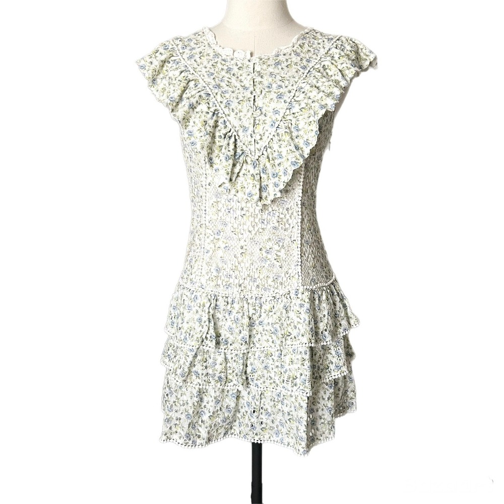 LoveShackFancy Lunetta Floral Eyelet Ruffle Mini Dress White Garden Stream Sz 4